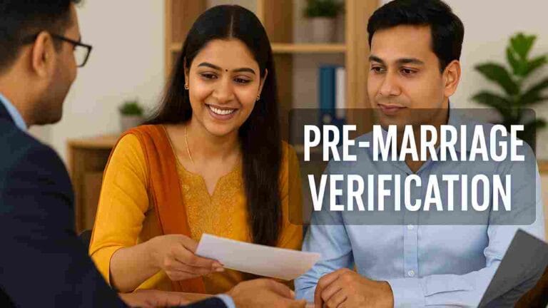 An Indian couple sitting with a professional in an office, reviewing documents for pre-marriage verification, with the text 'PRE-MARRIAGE VERIFICATION' displayed on the right side.