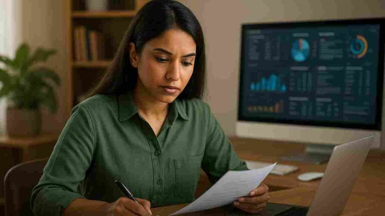 Indian woman reviewing documents and digital records for an employment and education authenticity guide