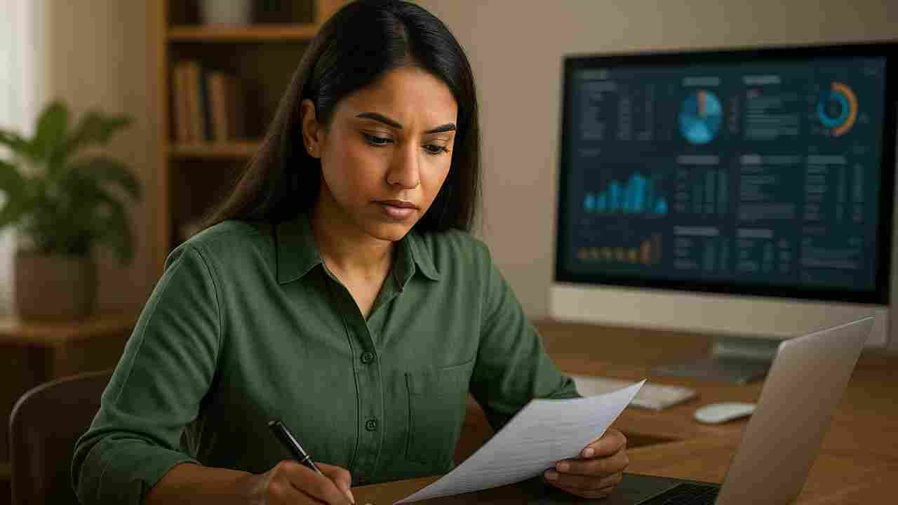 Indian woman reviewing documents and digital records for an employment and education authenticity guide