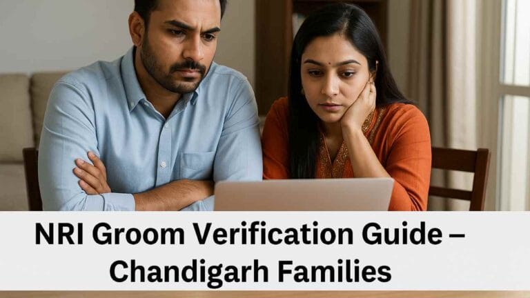 An Indian family in Chandigarh reviewing documents and using a laptop at home, symbolizing NRI groom verification before marriage.