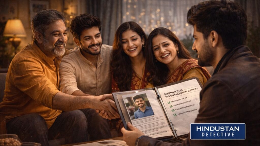 Indian parents happily reviewing a pre-matrimonial investigation report with a detective from Detective Agency Chandigarh before their son or daughter’s marriage
